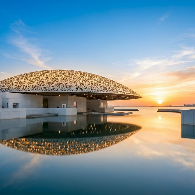 Louvre Abu Dhabi museum with iconic dome reflecting on water at sunset